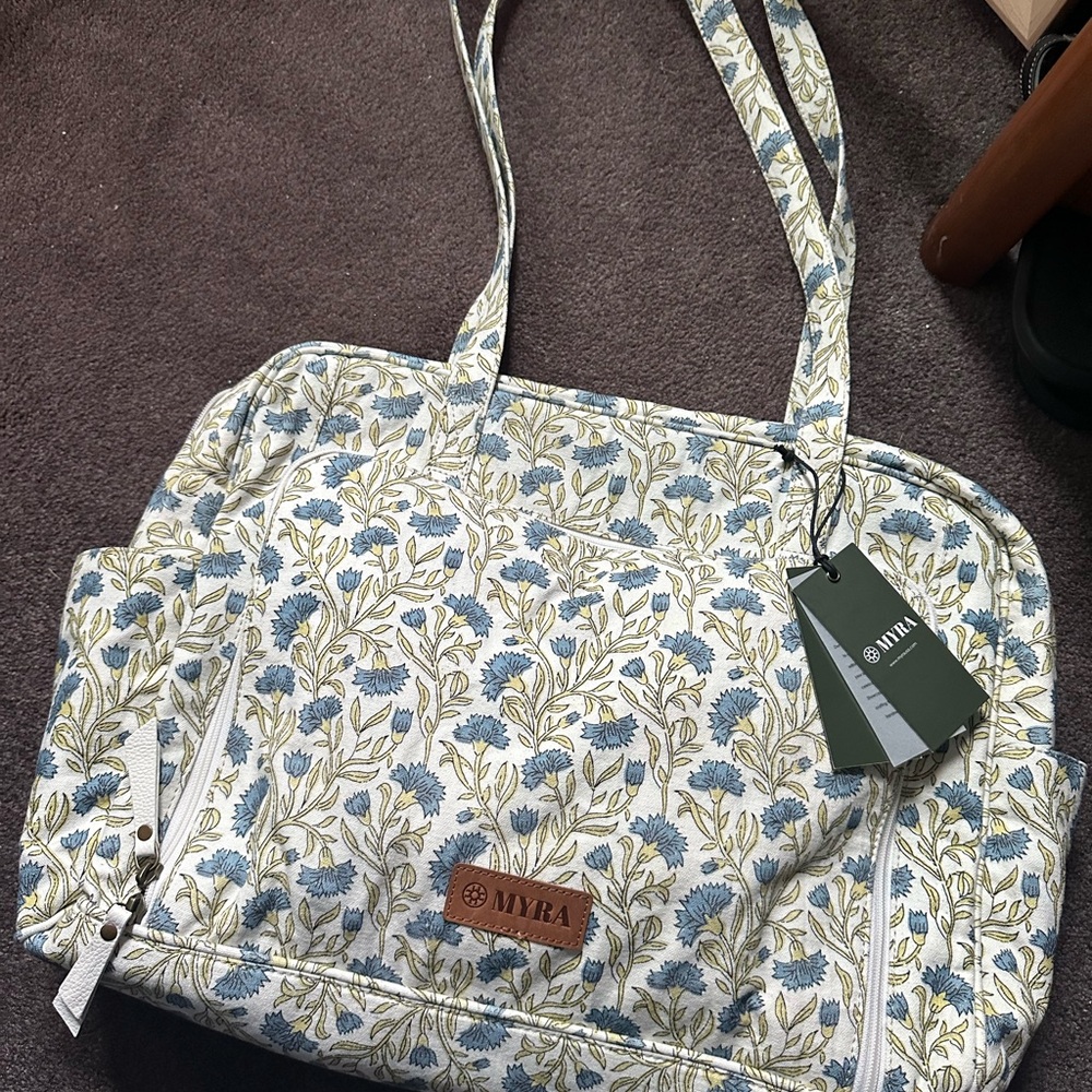 Myra Bag Blue and White Travel Bag with Floral Design